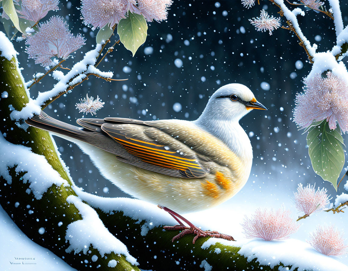 Illustrated bird with orange wing accents on snowy branch among pink blossoms with falling snowflakes