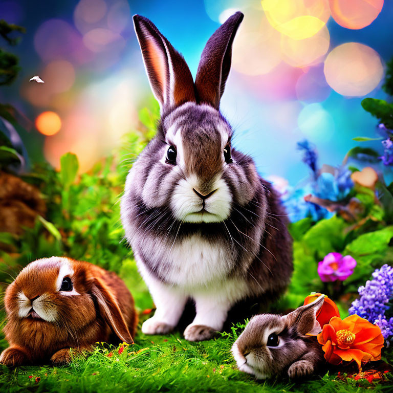 Three rabbits with colorful flowers and bokeh lights on blue background