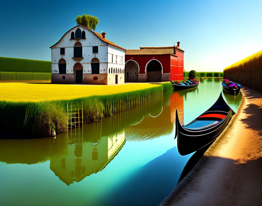 Gondola on calm waterway with traditional buildings and green grass