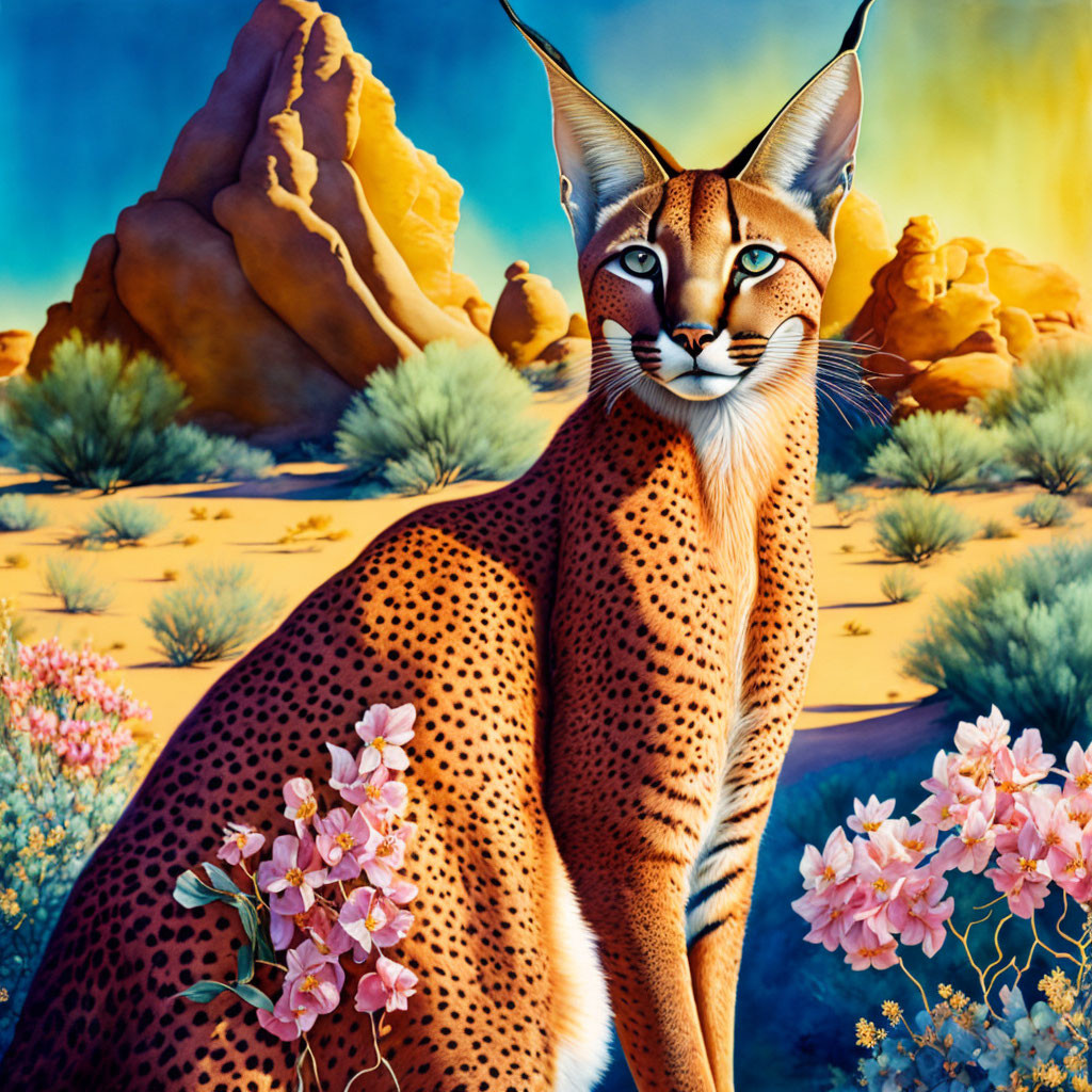 Colorful desert painting: caracal, flowers, rocks & sky