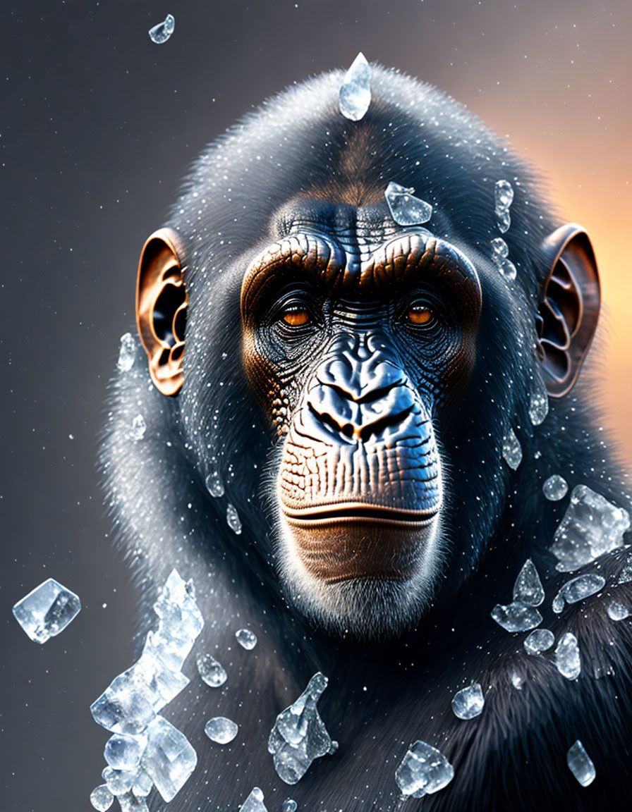 Chimpanzee face surrounded by floating ice shards on dark backdrop