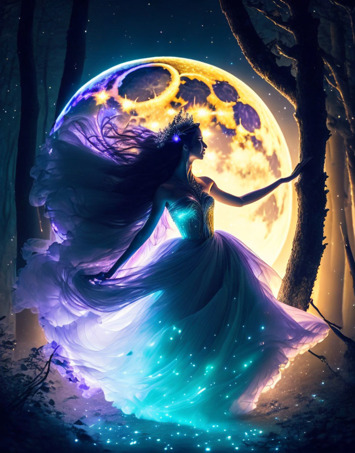 Mystical woman in glowing dress under crescent moon in moonlit forest