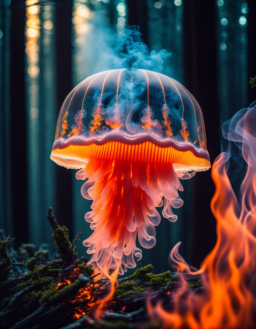 Luminous jellyfish-like entity with orange tentacles above forest floor