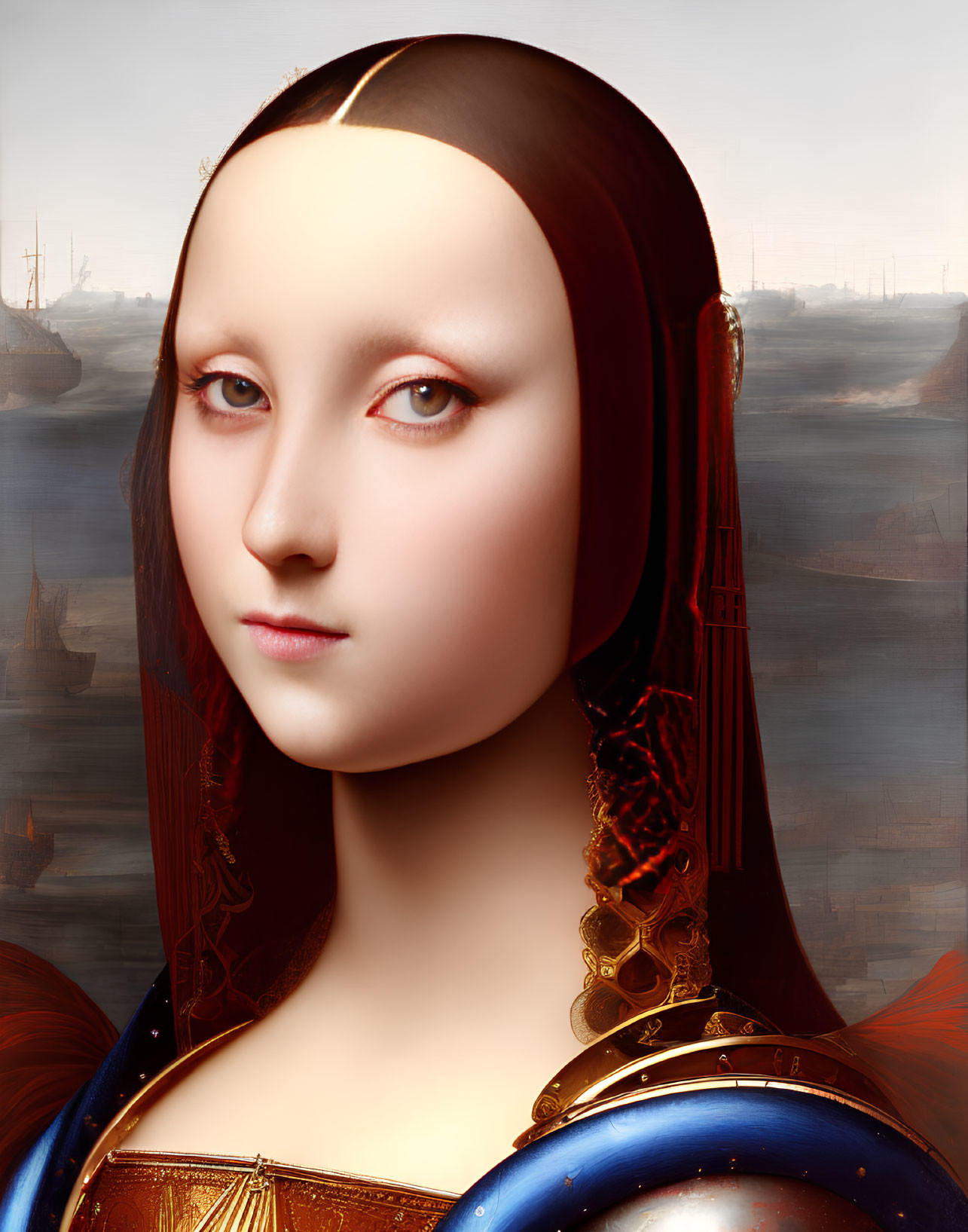 Futuristic Mona Lisa-inspired digital artwork with serene woman and seascape.