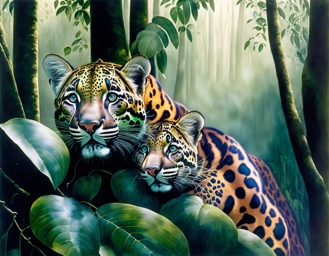 Jaguars in lush green jungle with sunlight filtering through trees