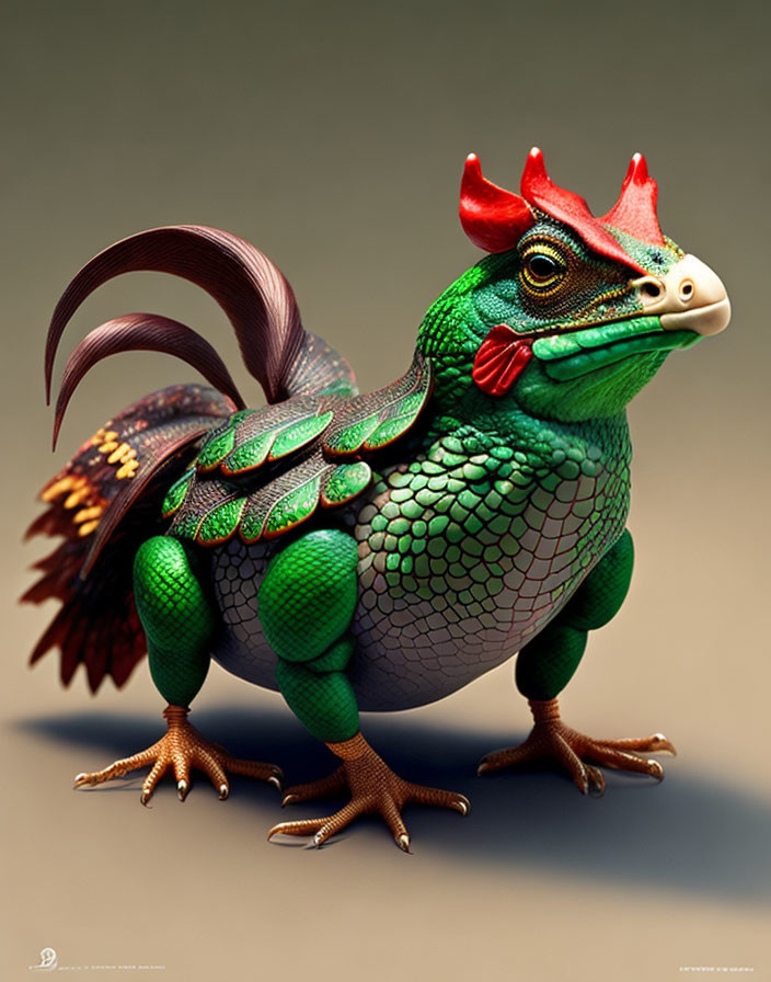 3D artwork: Chicken-dinosaur creature with red comb, green scales