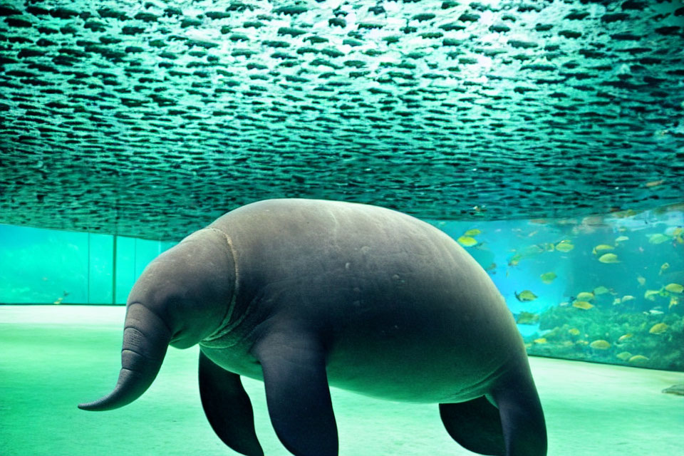 Manatee swimming in clear blue aquarium tank with small fish schools