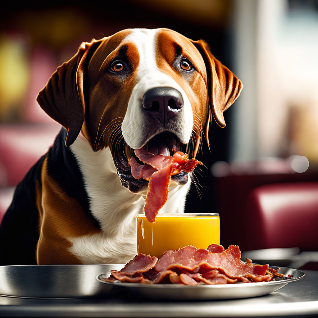 Beagle dog with expressive eyes reaching for bacon plate