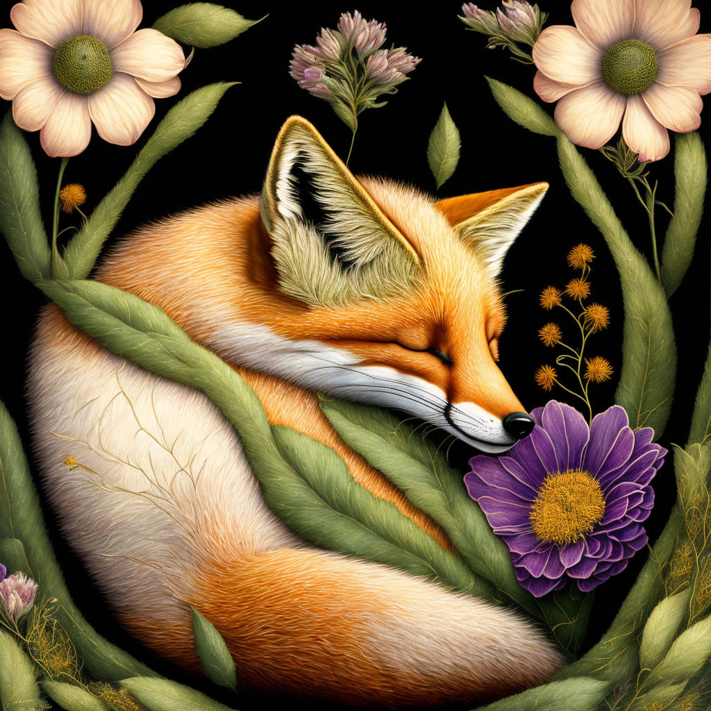 Sleeping fox surrounded by lush greenery and vibrant flowers with pink and purple blooms