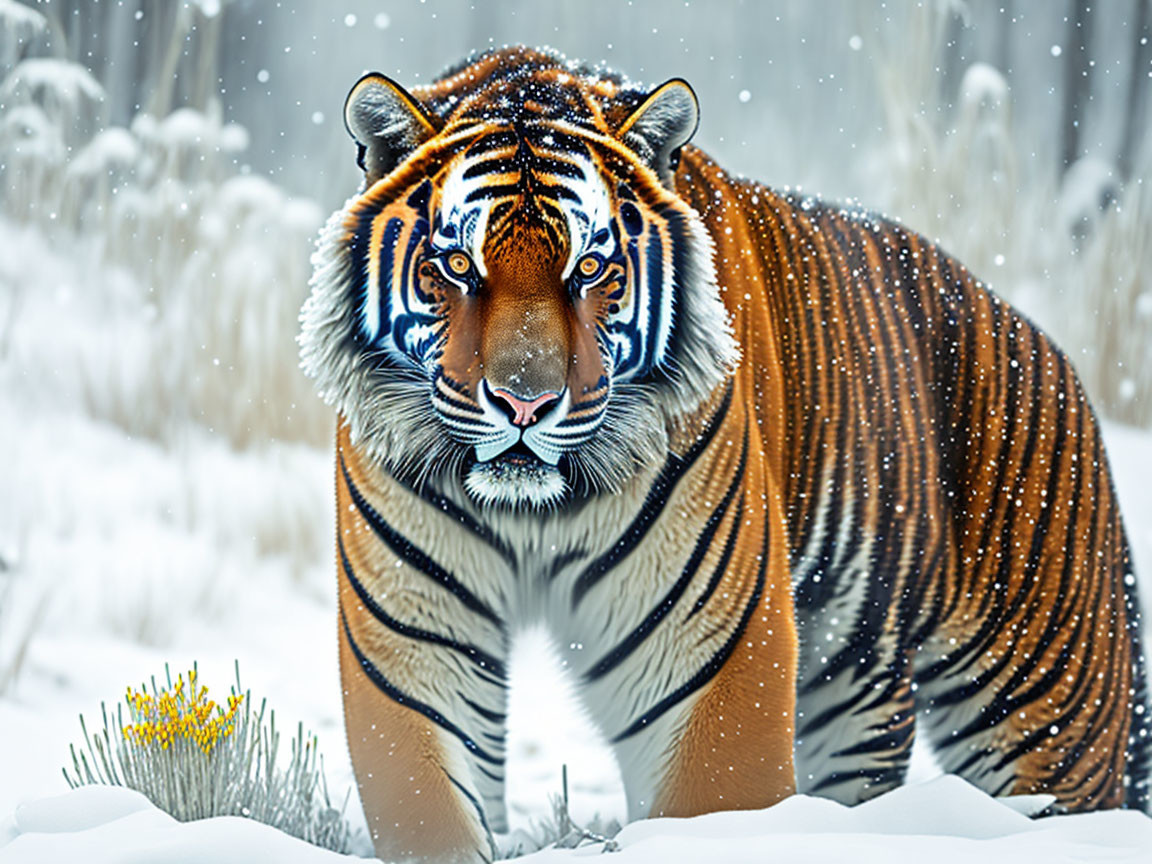 Majestic tiger in snowy landscape with orange and black stripes