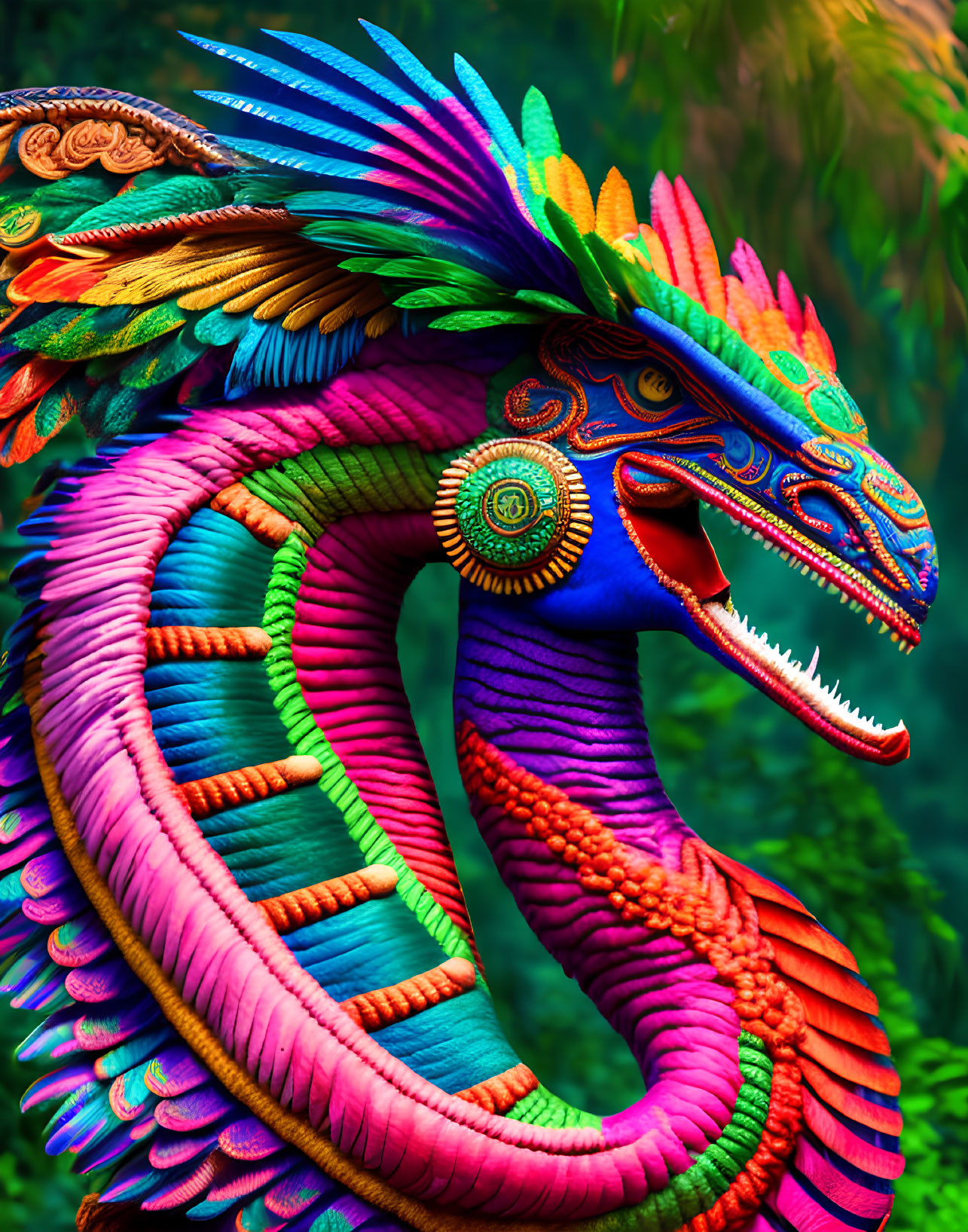 Colorful Mythological Creature Sculpture with Feather-like Scales in Rainbow Hues