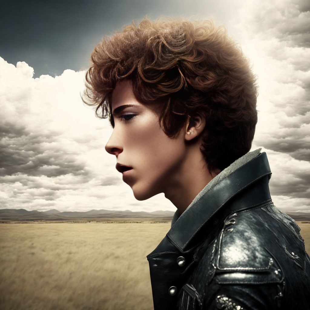 Curly-Haired Person in Armor Amid Dramatic Sky and Open Field