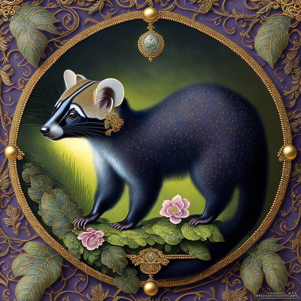 Stylized civet illustration with gold earrings in circular frame on floral background