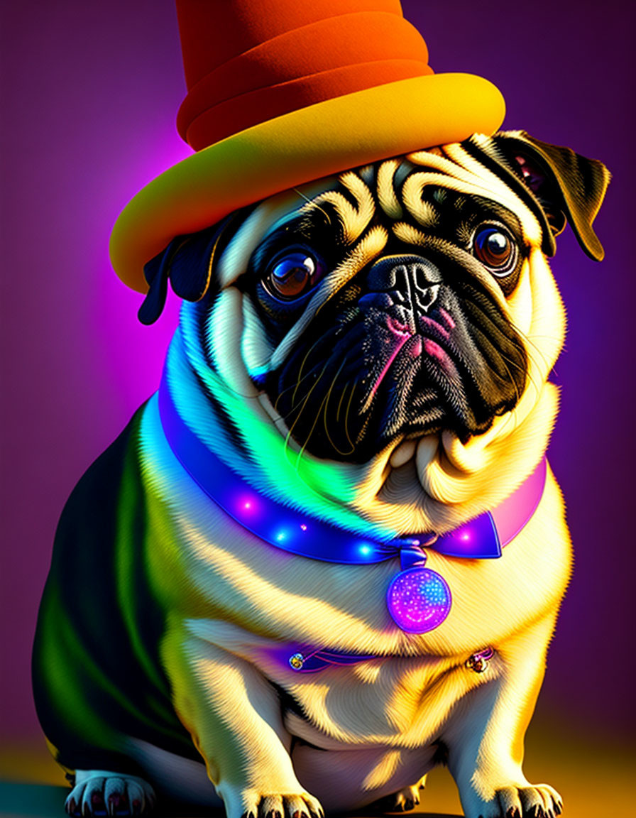 Vibrant pug with orange hat, purple collar, pink tag on colorful background