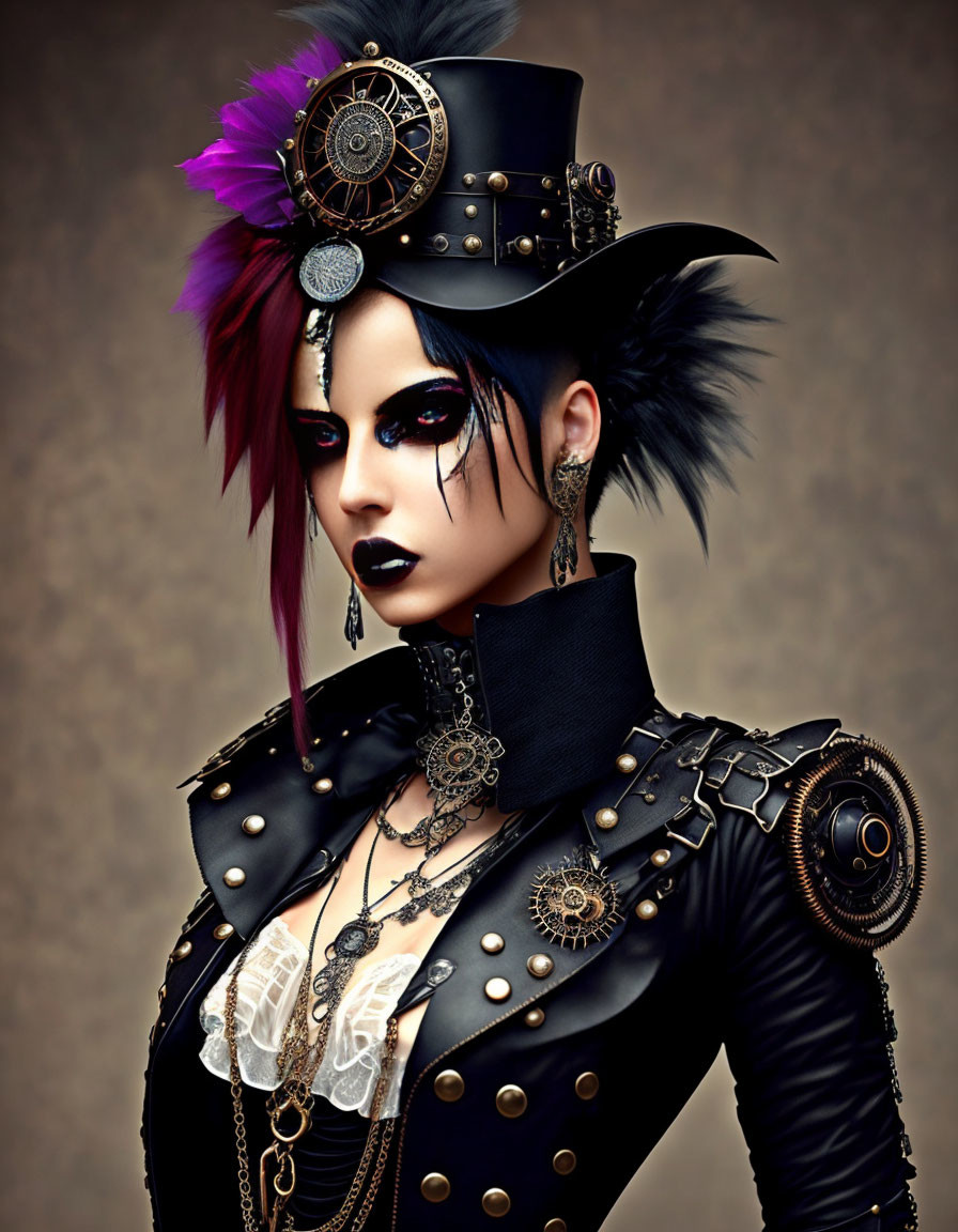 Person in Dramatic Punk-Inspired Outfit with Gear-Adorned Top Hat