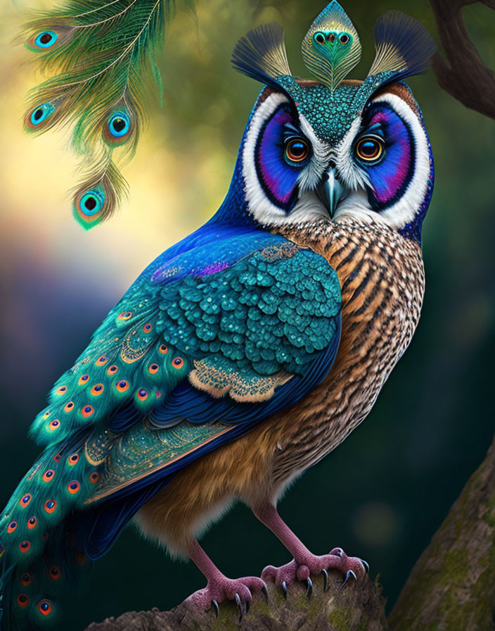 Colorful digital artwork: Owl and peacock hybrid creature with vibrant plumage