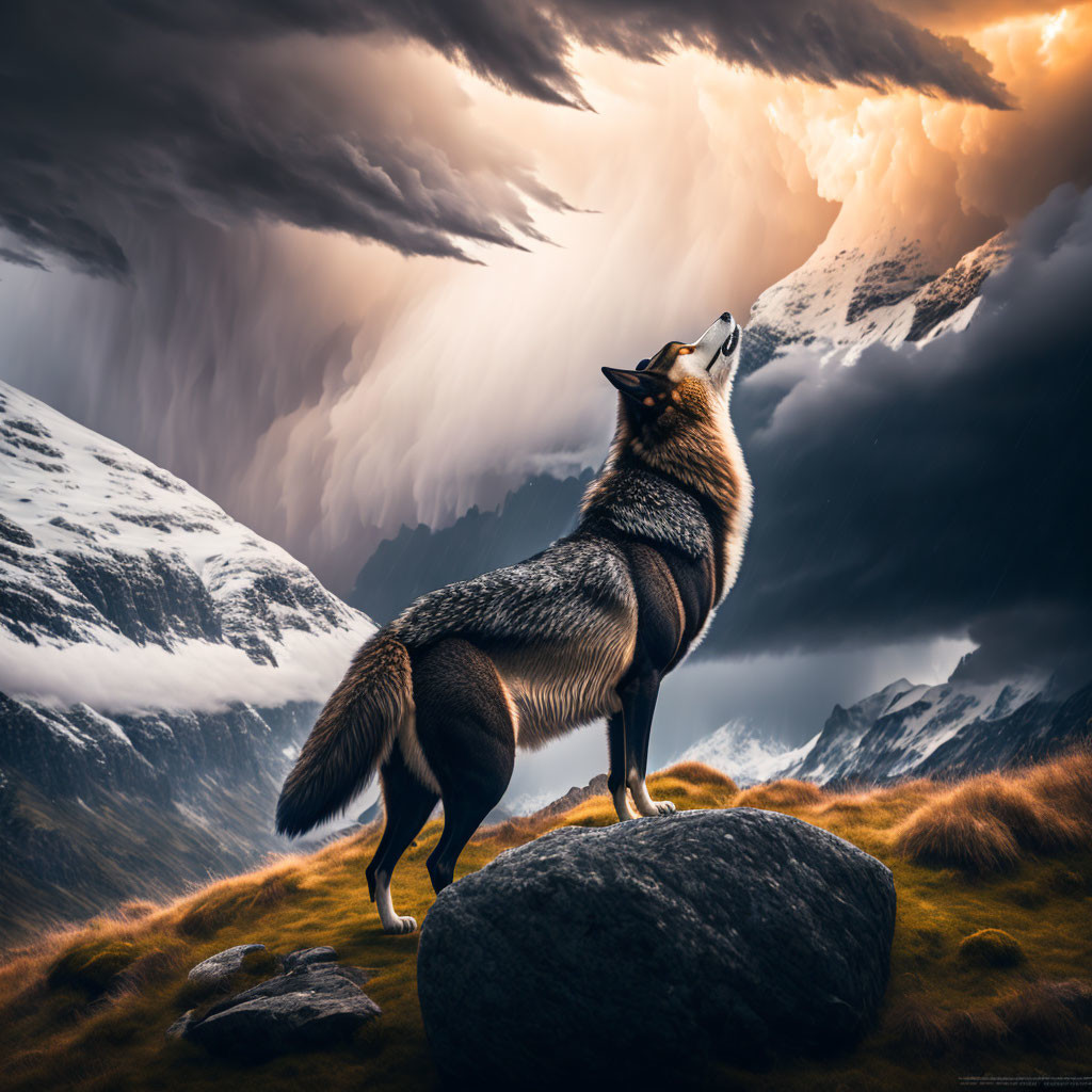 Majestic wolf howling in dramatic mountain landscape