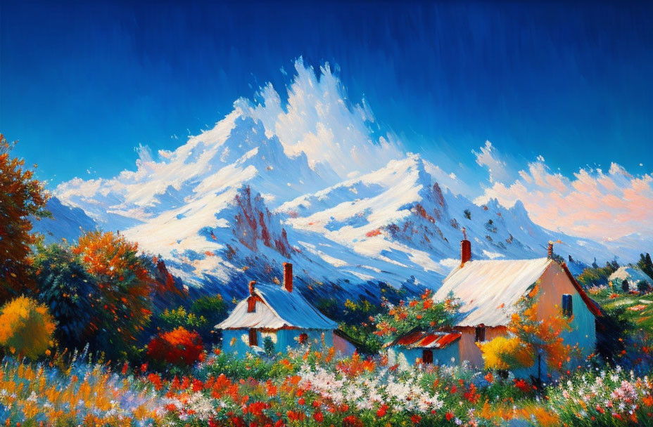 Snow-capped mountains, cottages, flowers under blue sky