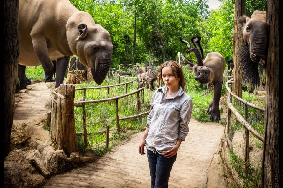 Girl on Wooded Path with Oversized Animal Sculptures