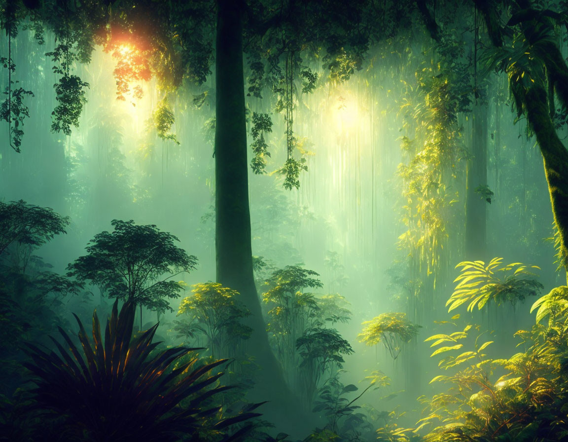 Lush Green Forest with Sunlight and Misty Atmosphere