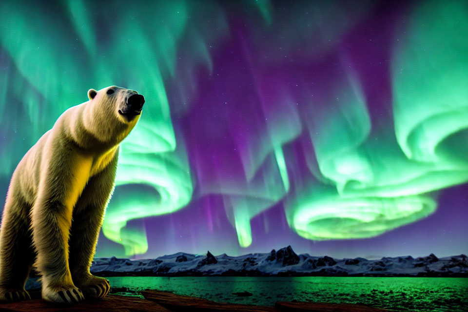 Polar Bear Profile Against Vibrant Aurora Borealis