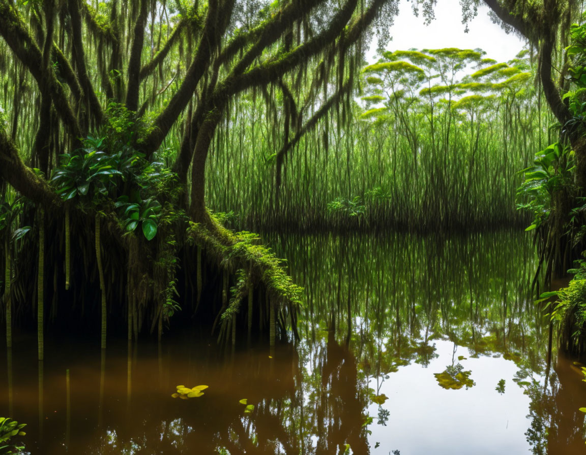 Tranquil swamp scene with overhanging trees and floating leaves