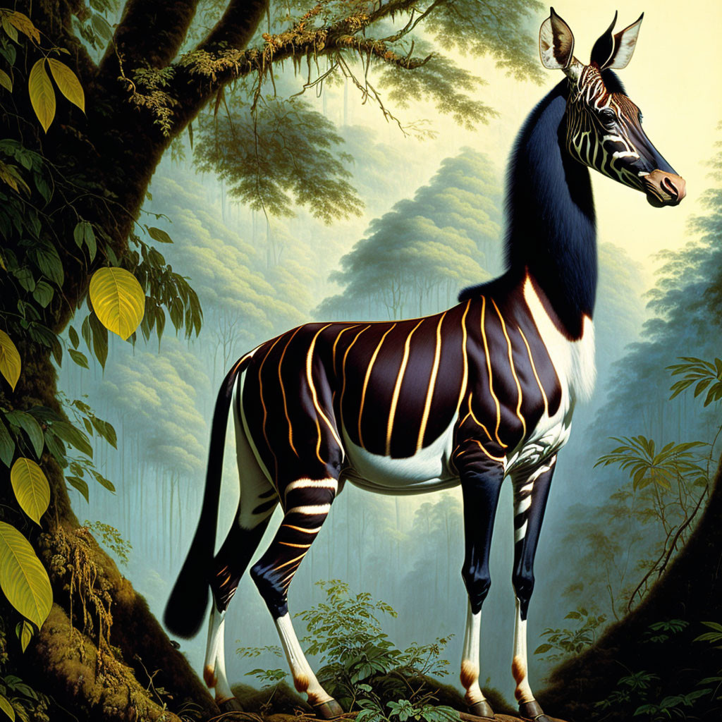 Surreal zebra with elongated legs in misty forest