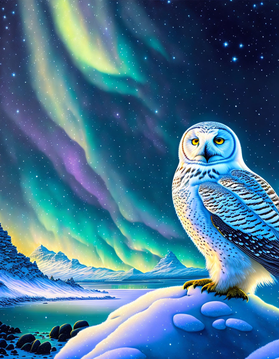 Snowy owl on rock under colorful aurora borealis in winter landscape