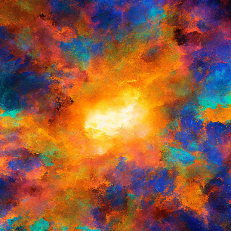 Colorful Abstract Artwork: Central Yellow Glow Surrounded by Burst of Orange, Blue, and Red