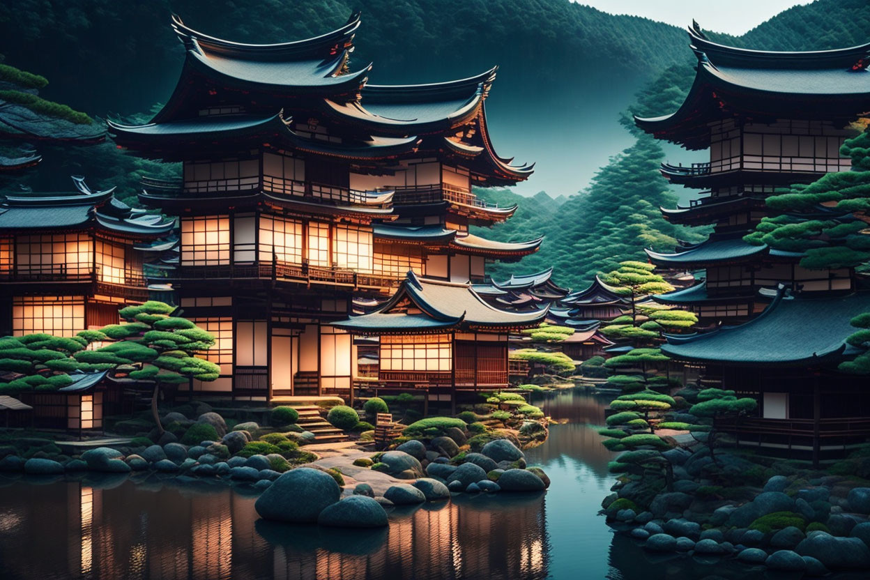 Traditional Japanese Architecture with Multi-Tiered Rooftops by Calm Pond and Mountains at Twilight