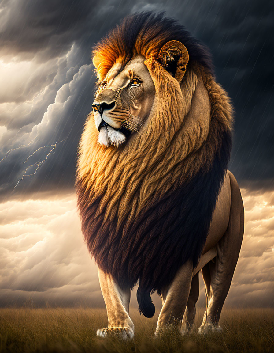 Majestic lion under stormy sky with dark clouds and lightning