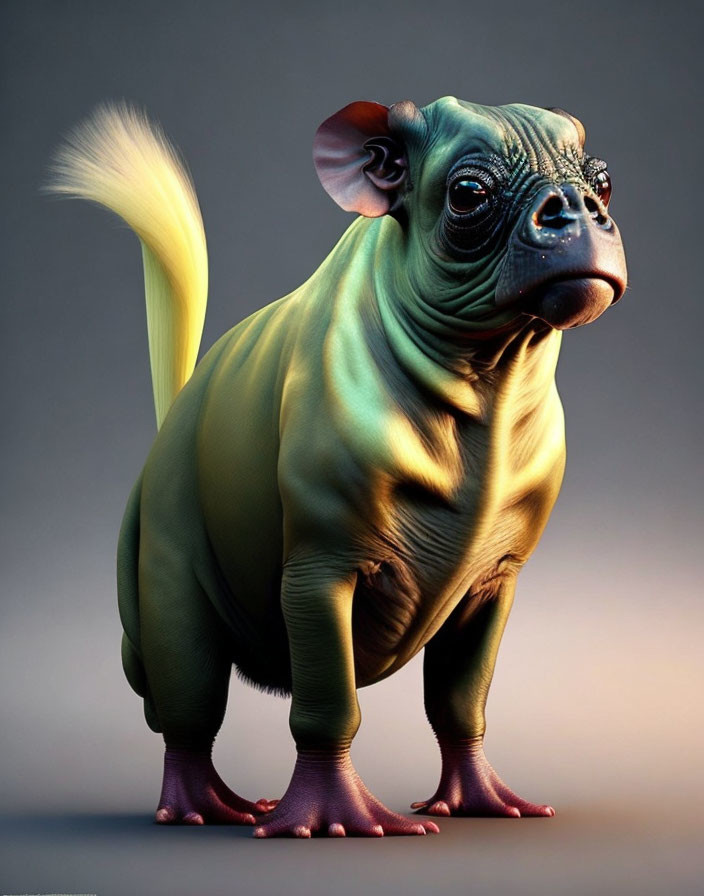 Muscular green dog with pug face, bat-like ears, and fluffy yellow tail