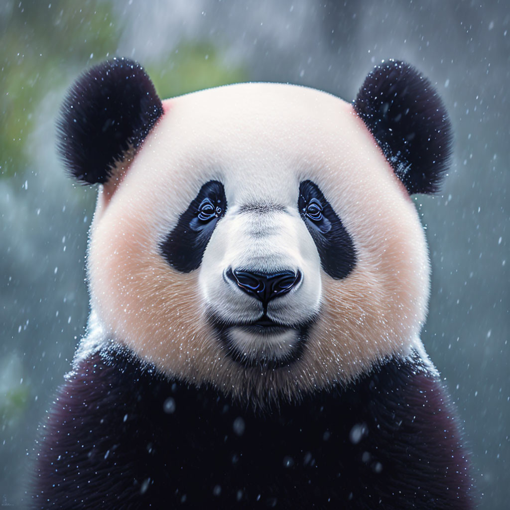 Giant panda's face with black and white markings in falling snowflakes