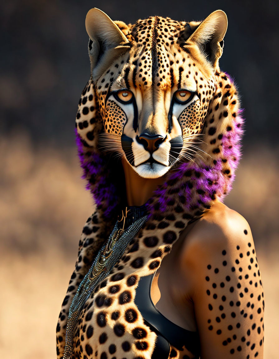 Digital artwork of human figure blending with cheetah features in spotted coat and cheetah head against