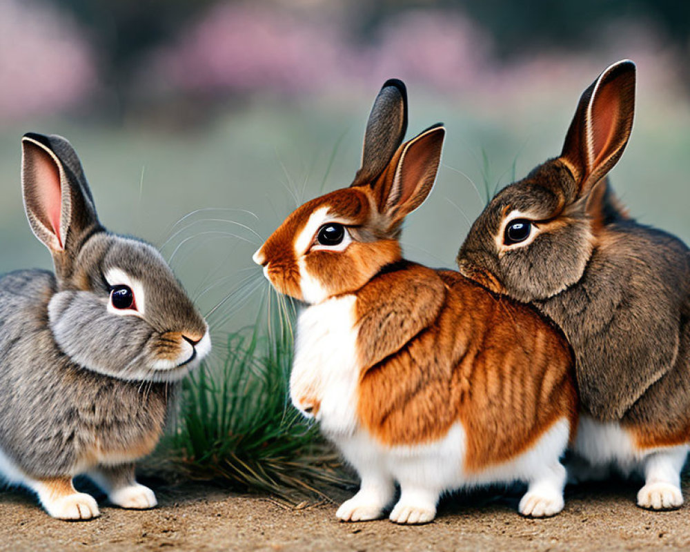 Three rabbits with distinctive markings sitting closely in nature.