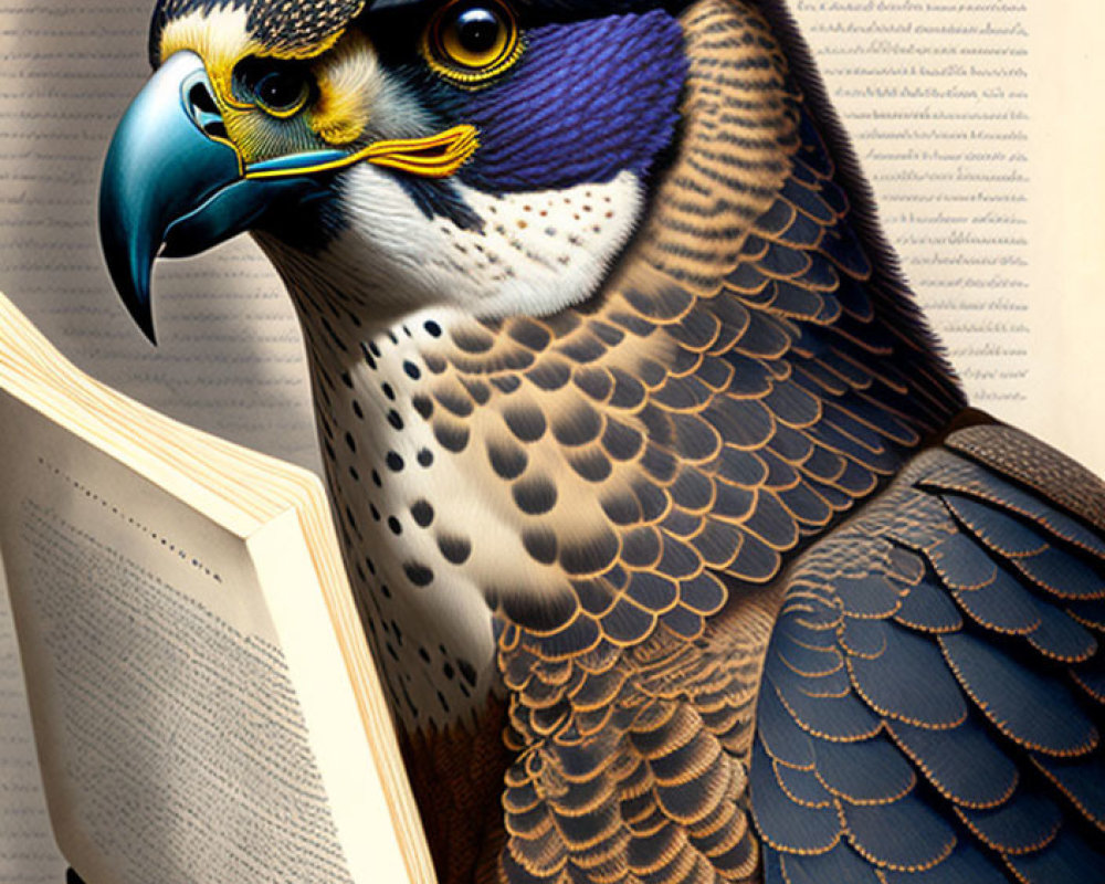 Vibrant Peregrine Falcon perched on open book with script background