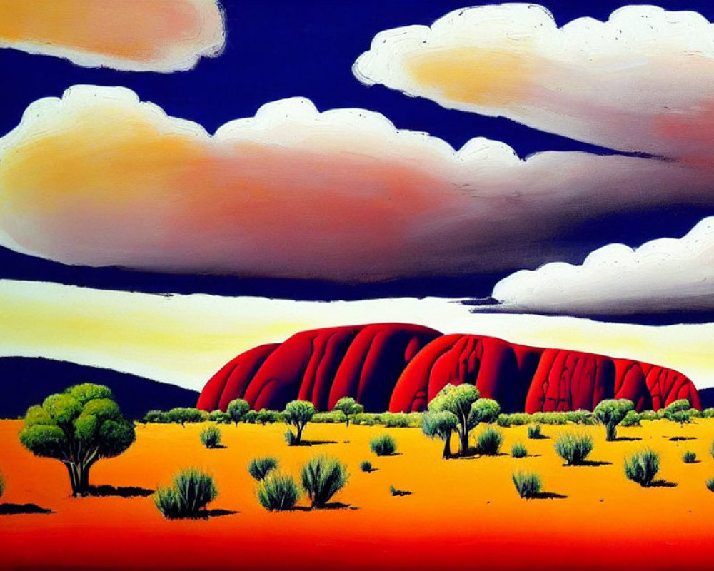 Colorful painting of Uluru under blue sky with clouds, greenery, and desert landscape