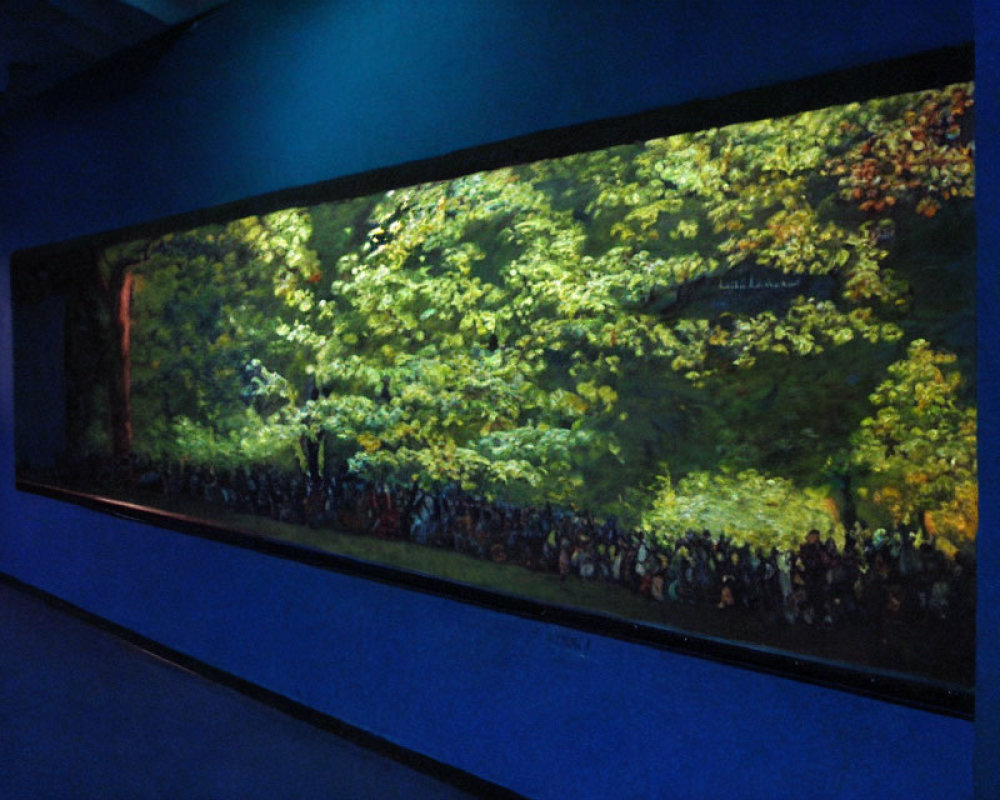 Panoramic backlit display of lush forest scene with crowd below