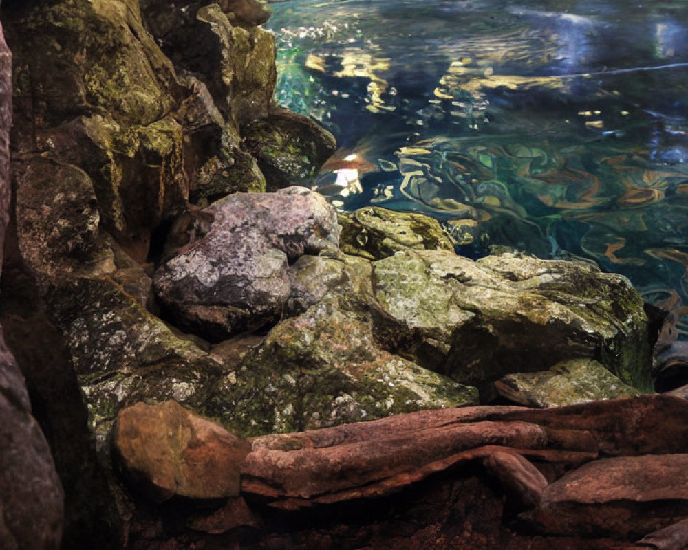 Tranquil pond scene: Sunlight on mossy rocks in clear water