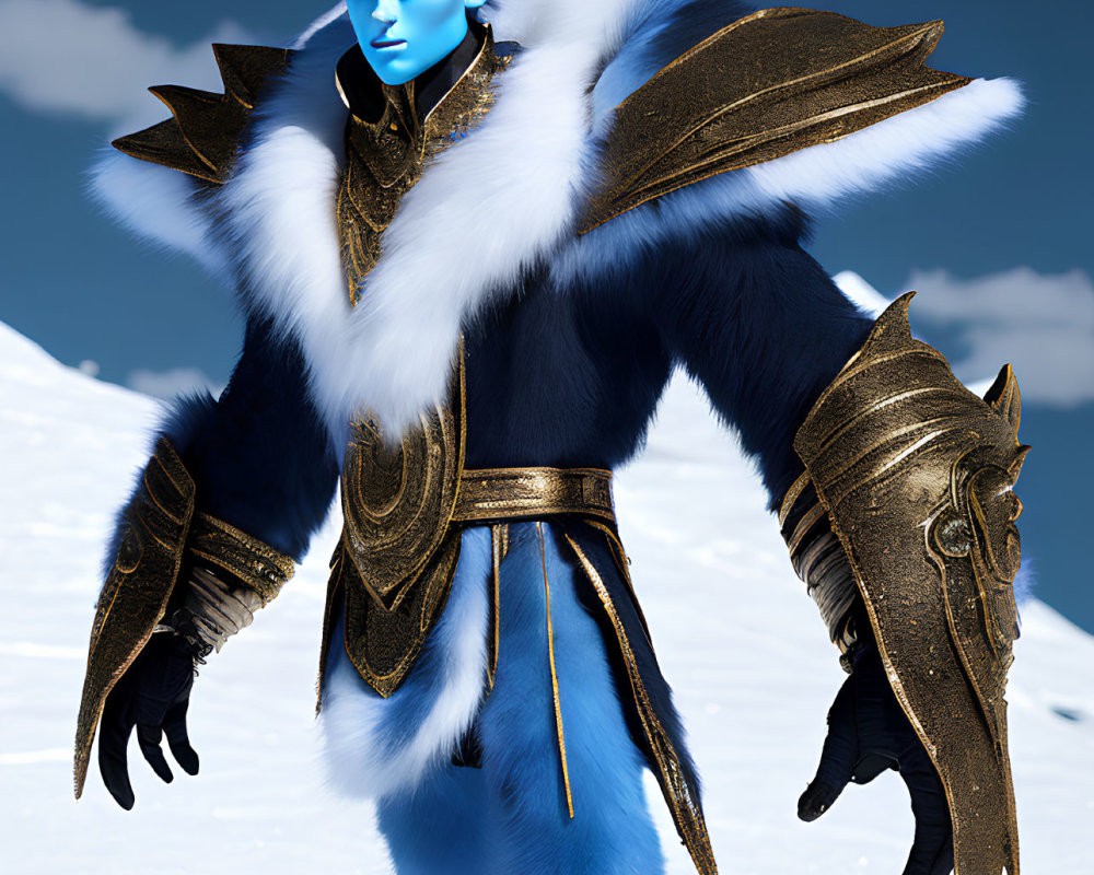 Blue-skinned elf-like character in golden armor against snowy backdrop