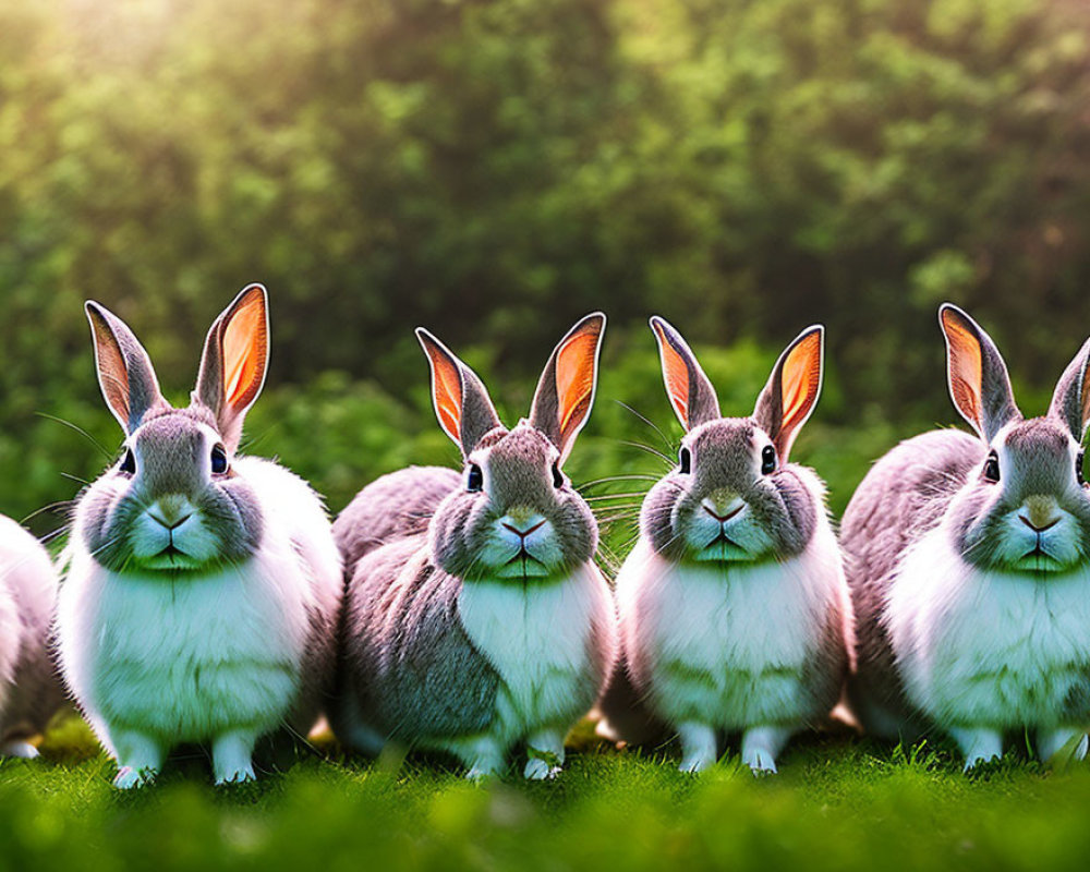 Four fluffy rabbits in a row on grass with sunlight filtering through greenery