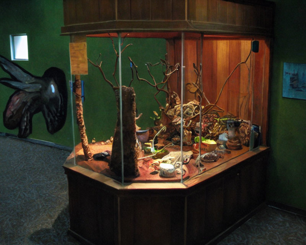 Dimly Lit Natural History Museum Exhibit with Glass Display Case and Dark Bird Figure