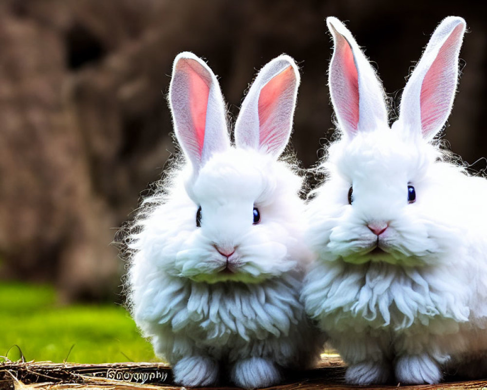 Fluffy White Rabbits with Blue Eyes on Straw Bed