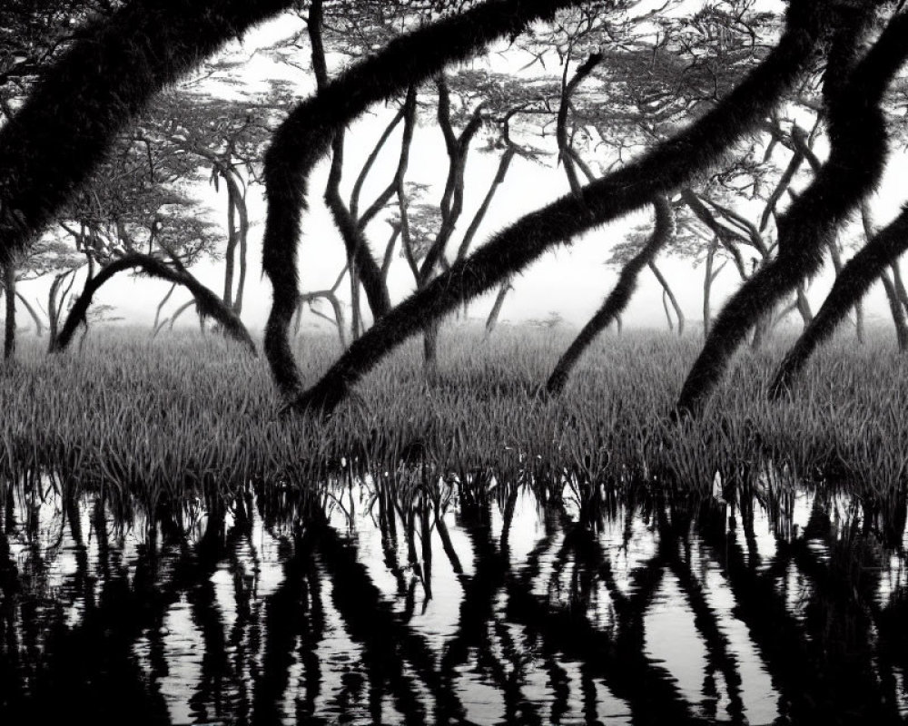 Serene monochrome forest scene with crooked tree trunks and reflective water.