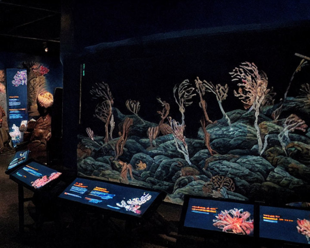 Coral models and educational displays in dimly lit deep sea exhibit