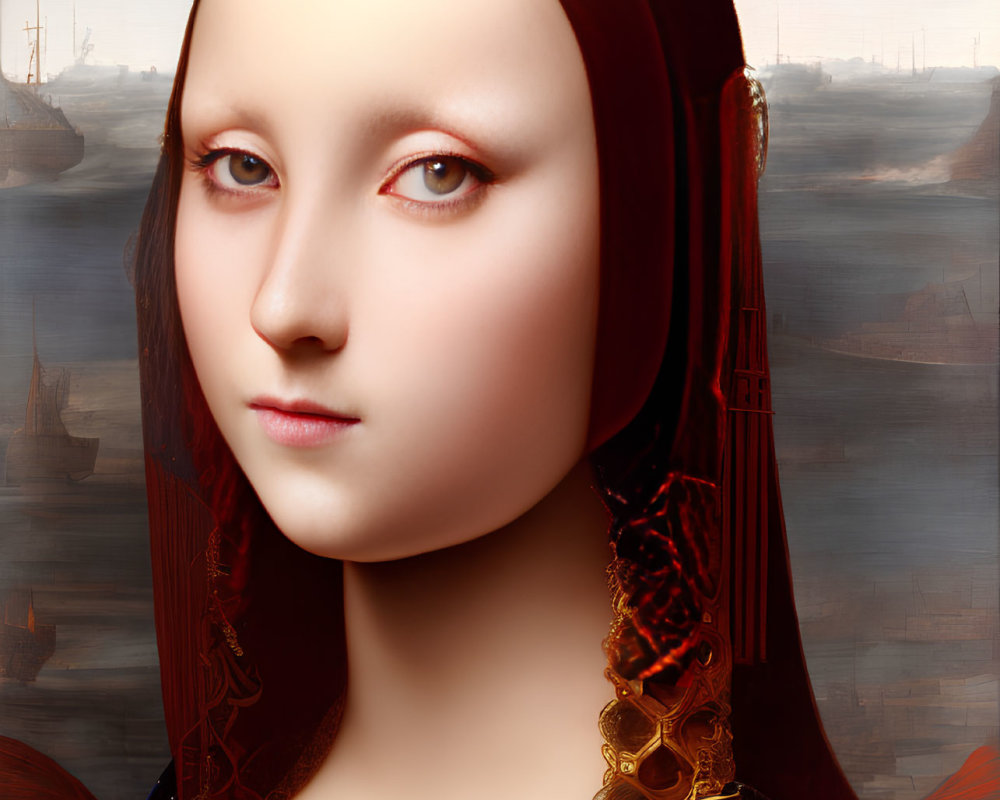 Futuristic Mona Lisa-inspired digital artwork with serene woman and seascape.