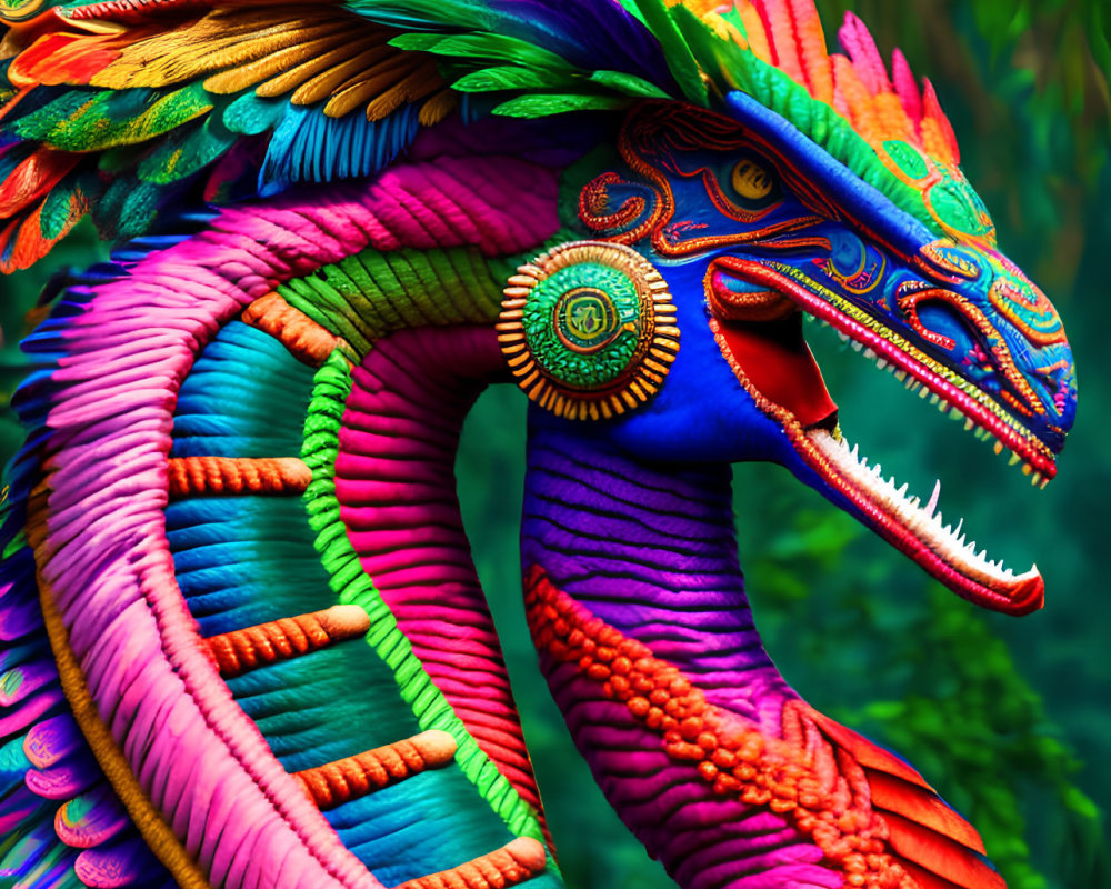 Colorful Mythological Creature Sculpture with Feather-like Scales in Rainbow Hues