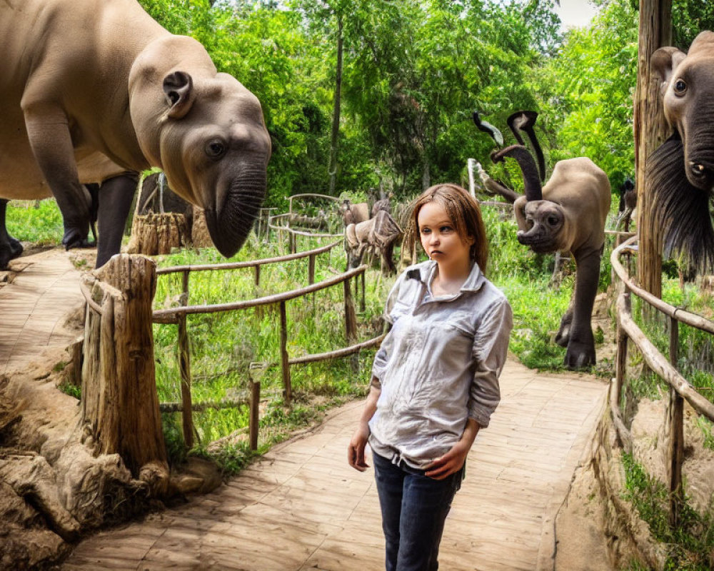 Girl on Wooded Path with Oversized Animal Sculptures