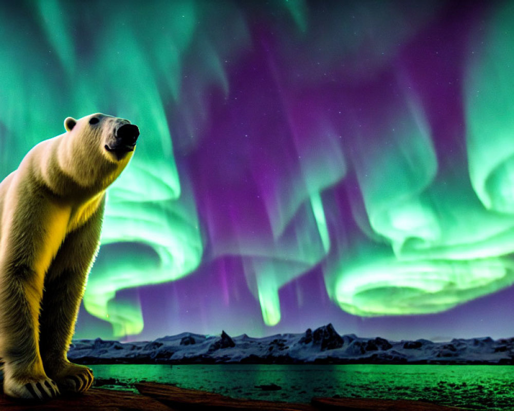 Polar Bear Profile Against Vibrant Aurora Borealis