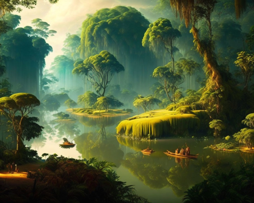 Tranquil Jungle Scene with River, Canoes, and Sunlight